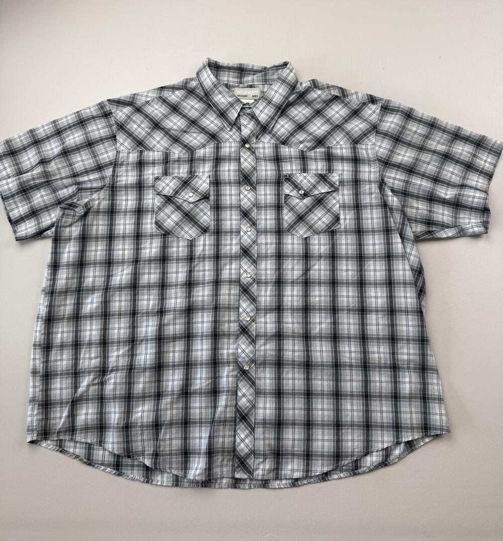 Wrangler Shirt Mens 3XL Gray Plaid Short Sleeve Western Snap Button Casual